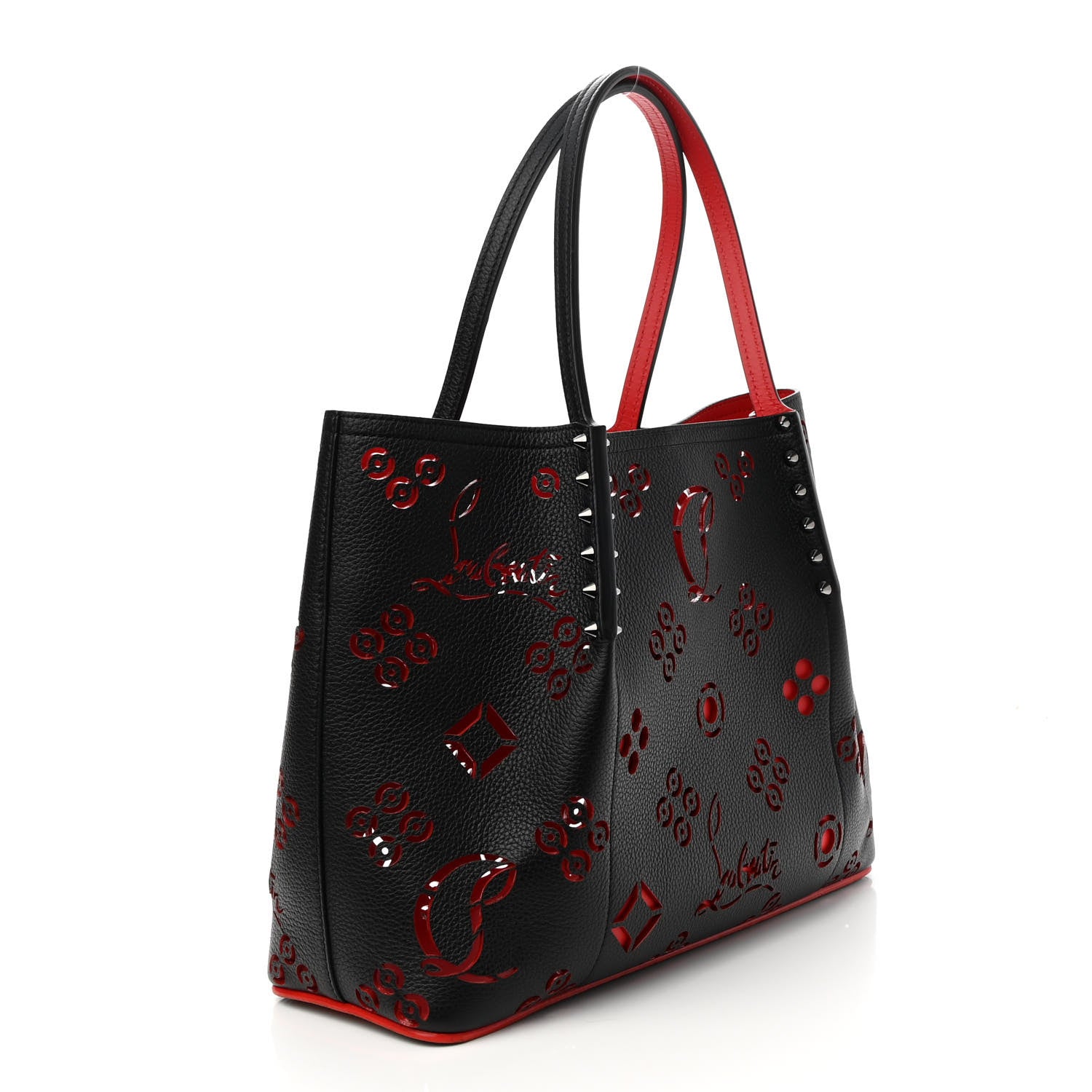 Christian Louboutin Calfskin Loubinthesky Small Perforated Cabarock Spikes Tote Black 2 of 7