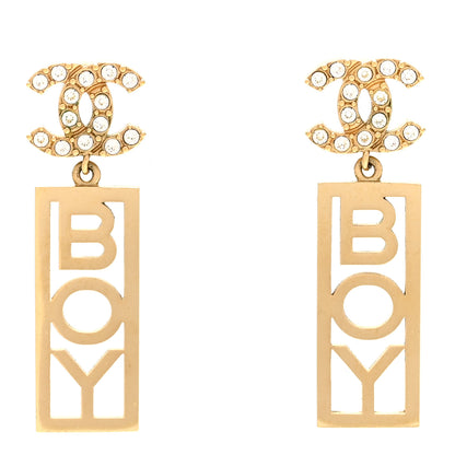 Chanel Metal Crystal CC Boy Drop Earrings Gold 1 of 6