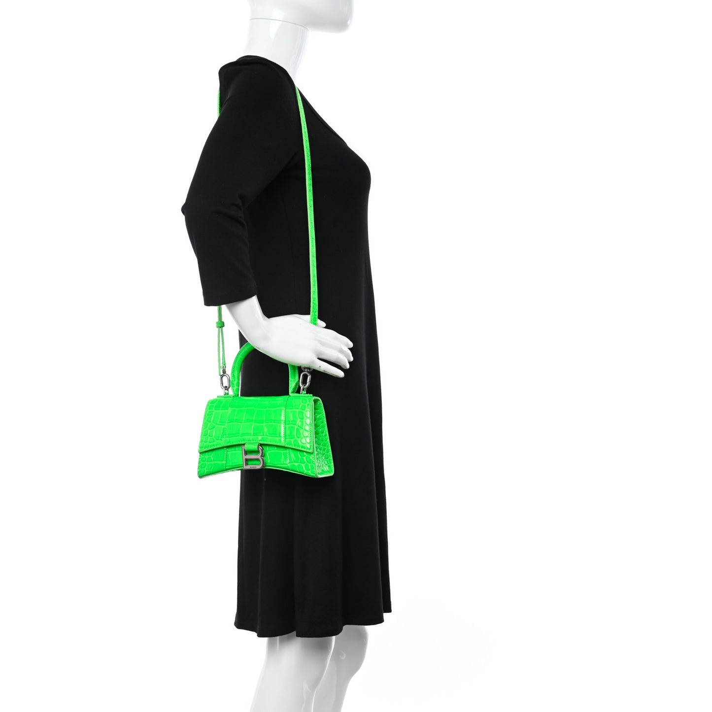 Shiny Calfskin Crocodile Embossed Hourglass Top Handle Bag XS Fluo Green