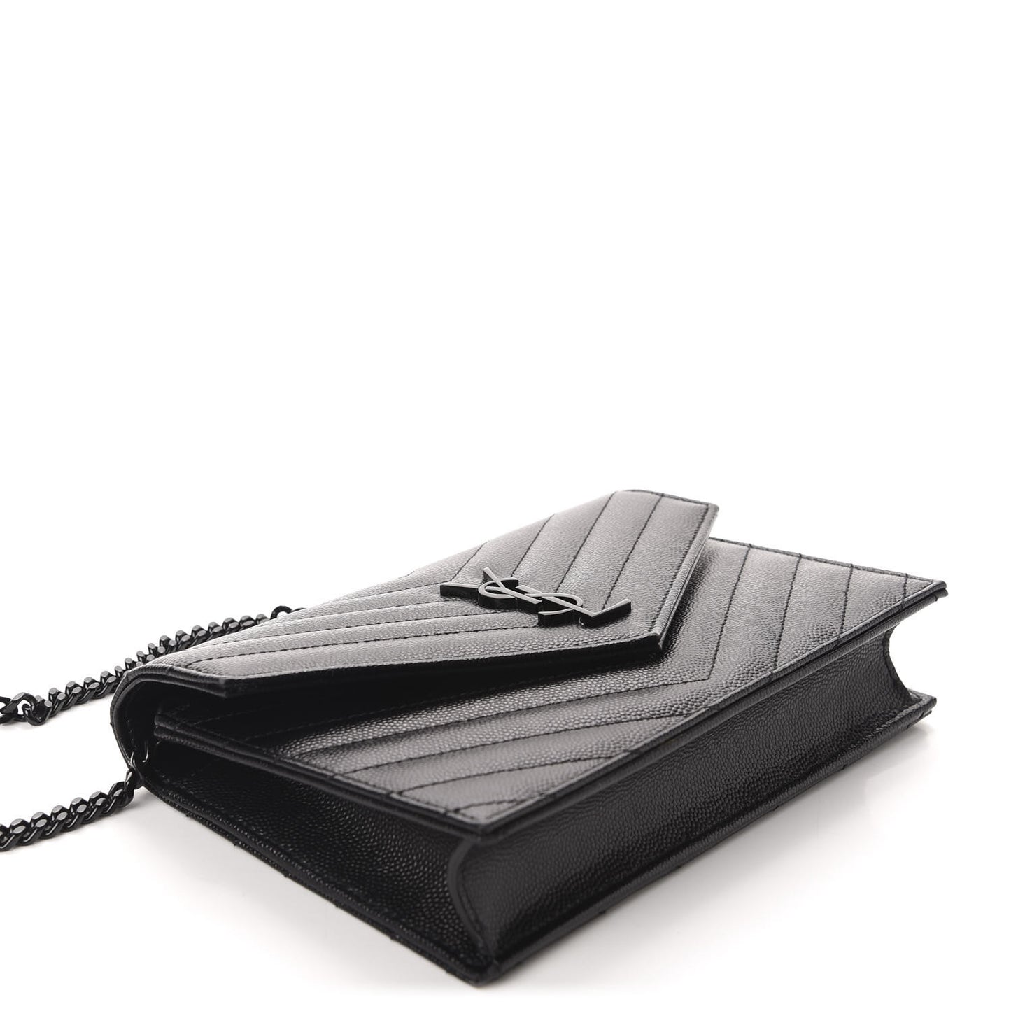 Grain De Poudre Matelasse Chevron Monogram Envelope Chain Wallet Black