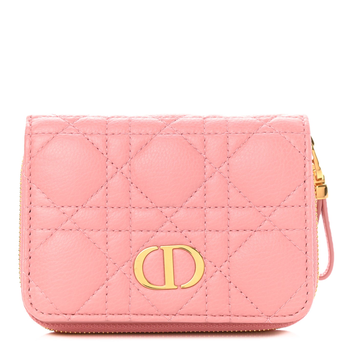 Grained Calfskin Supple Cannage Caro Compact Zipped Wallet Pink