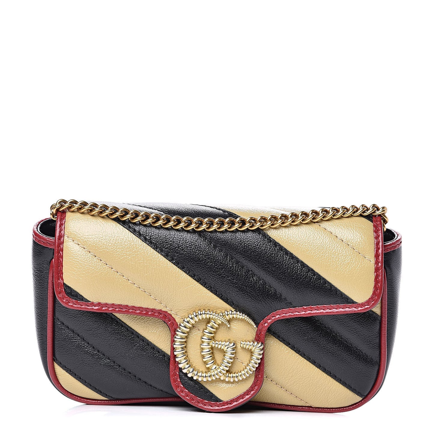 Vintage Effect Calfskin Matelasse Diagonal Striped Super Mini Torchon GG Marmont Shoulder Bag Black Beige
