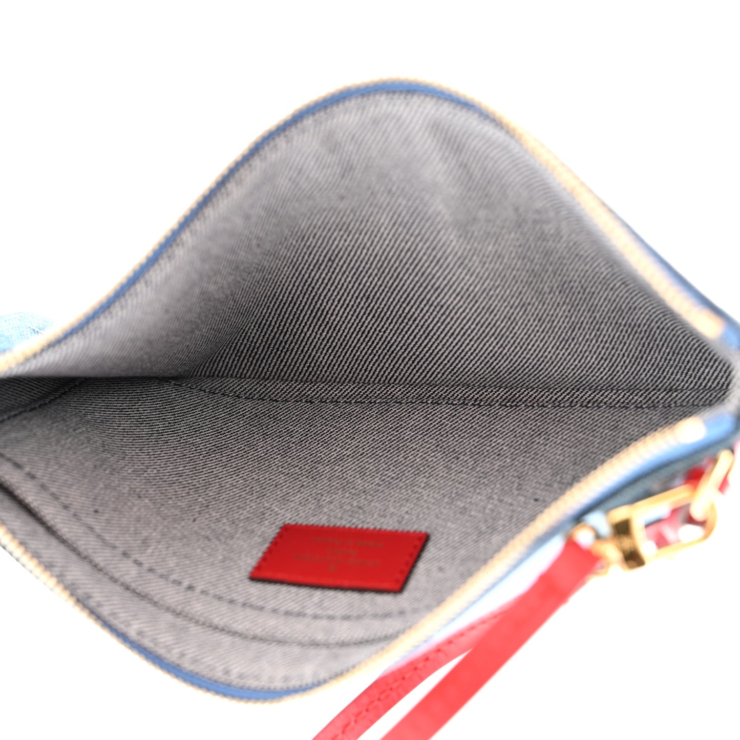 Denim Damier Monogram Patchwork Neverfull MM Pochette Blue Rouge