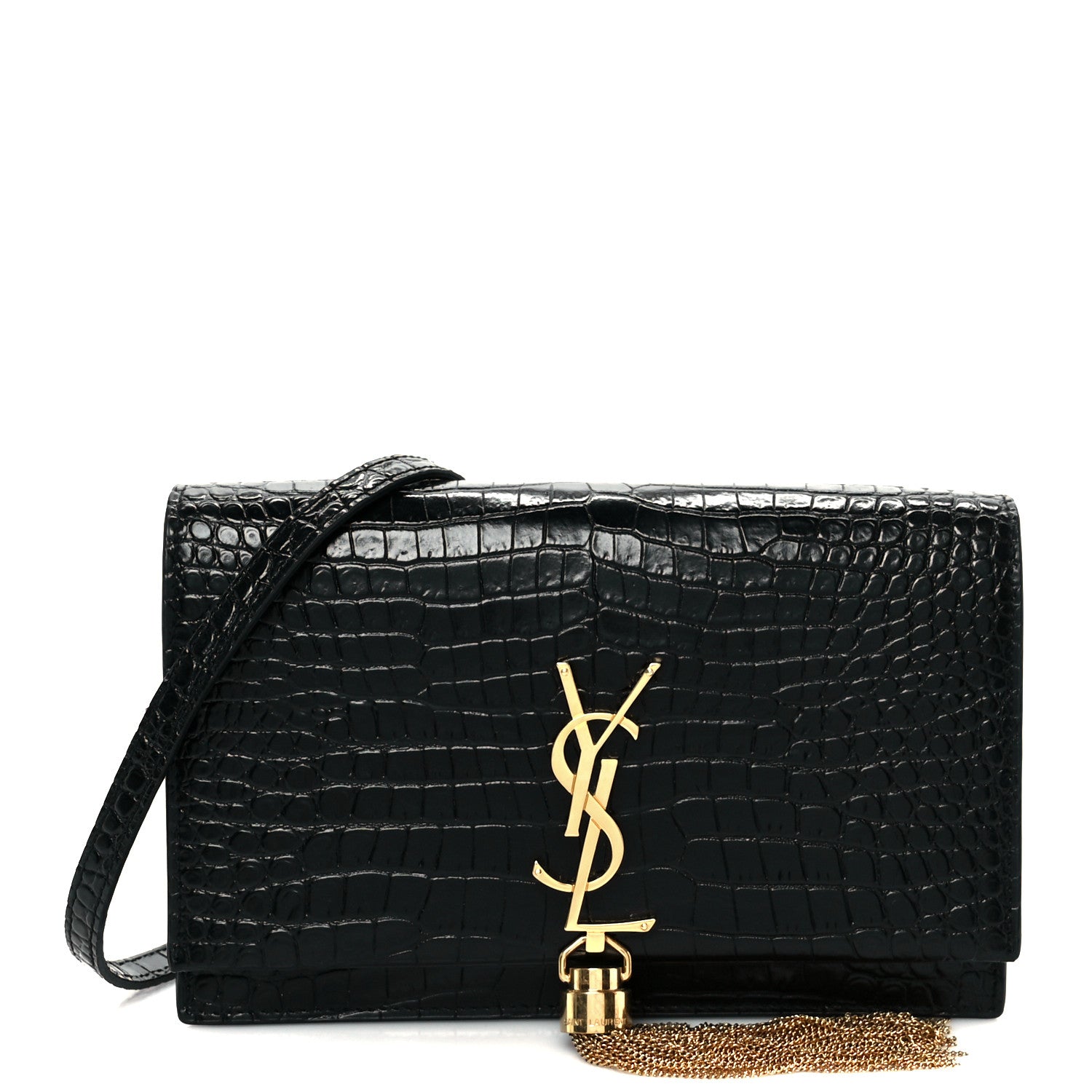Saint Laurent Calfskin Crocodile Embossed Kate Monogram Tassel Chain Wallet Black 1 of 10