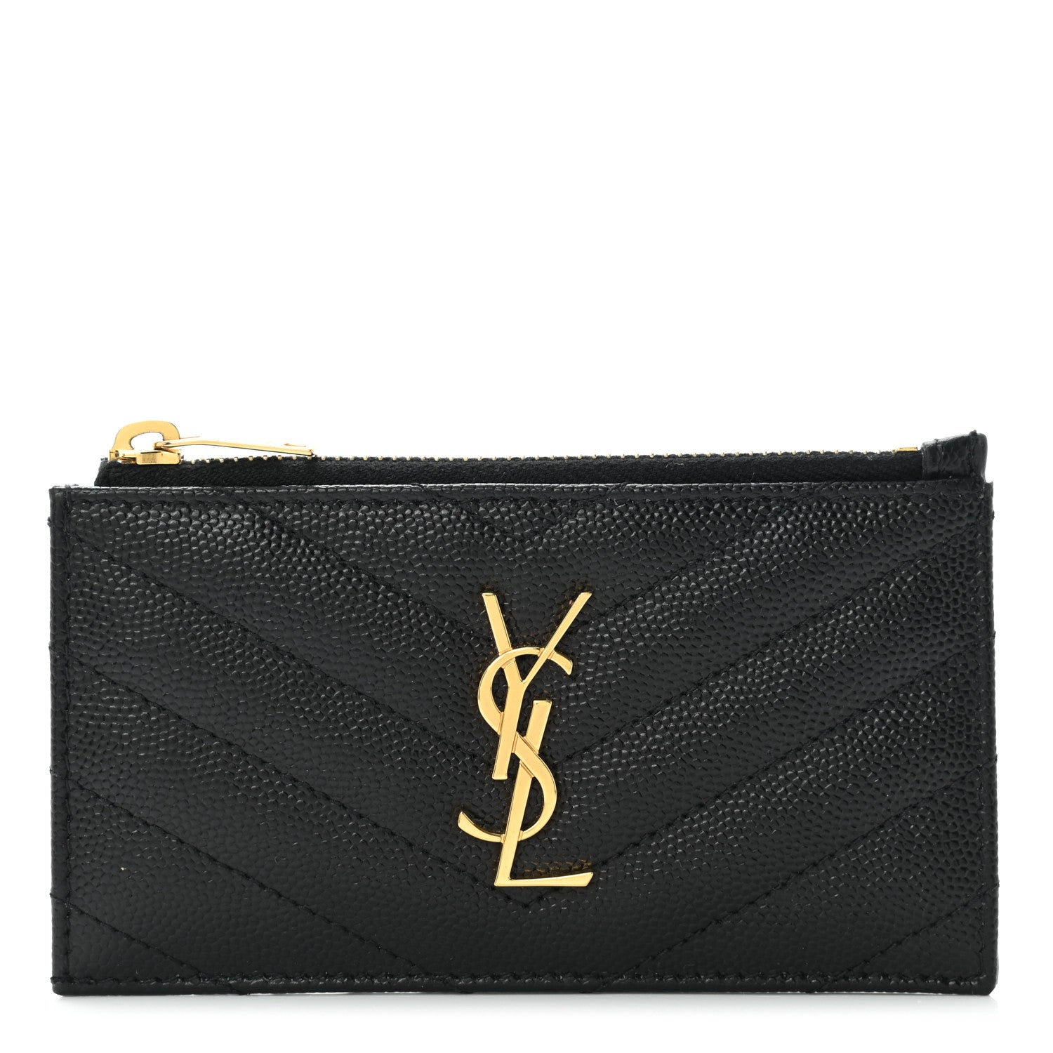 Saint Laurent Grain De Poudre Matelasse Chevron Monogram Fragments Zippered Card Case Black 1 of 8