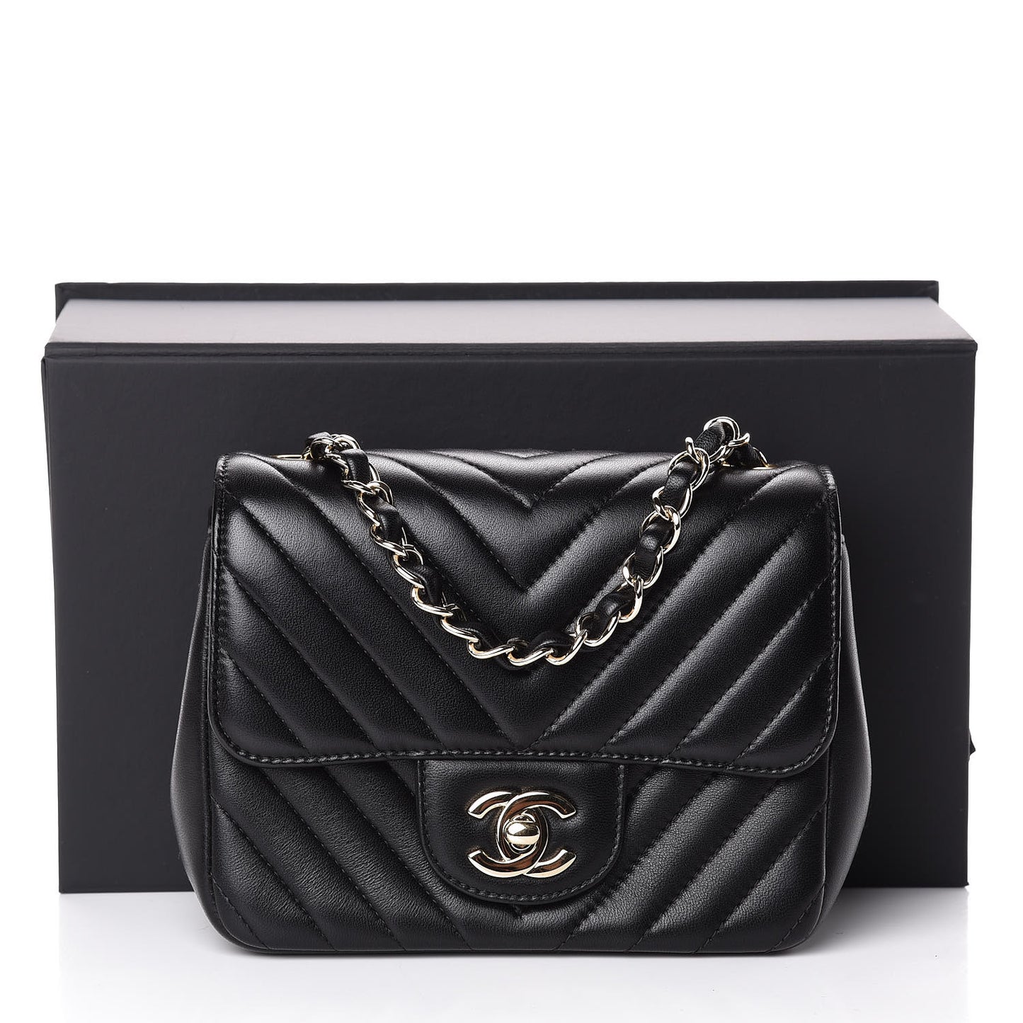 Lambskin Chevron Quilted Mini Square Flap Black