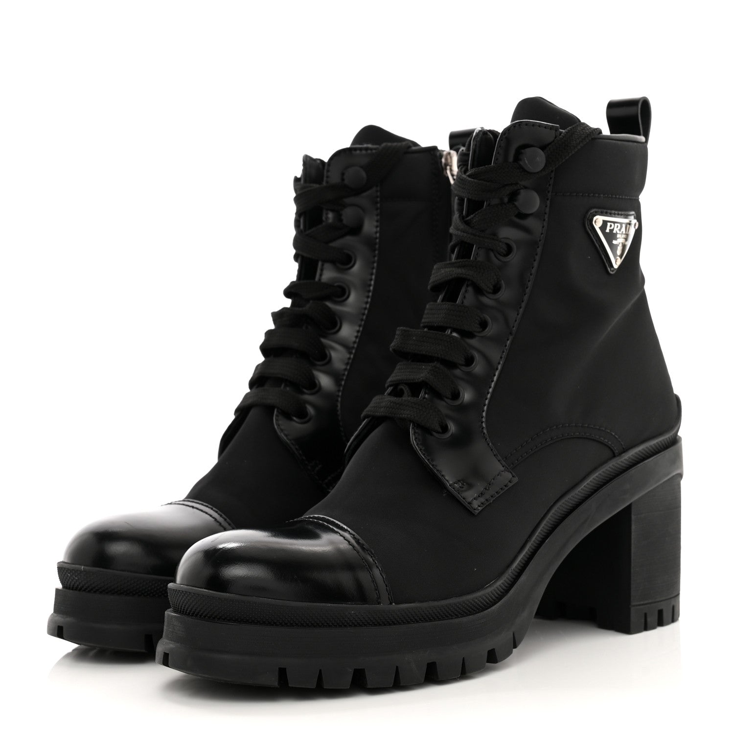 Prada Spazzolato Re-Nylon Metal Triangle Logo Lace Up 55mm Ankle Boots 38.5 Black 3 of 15