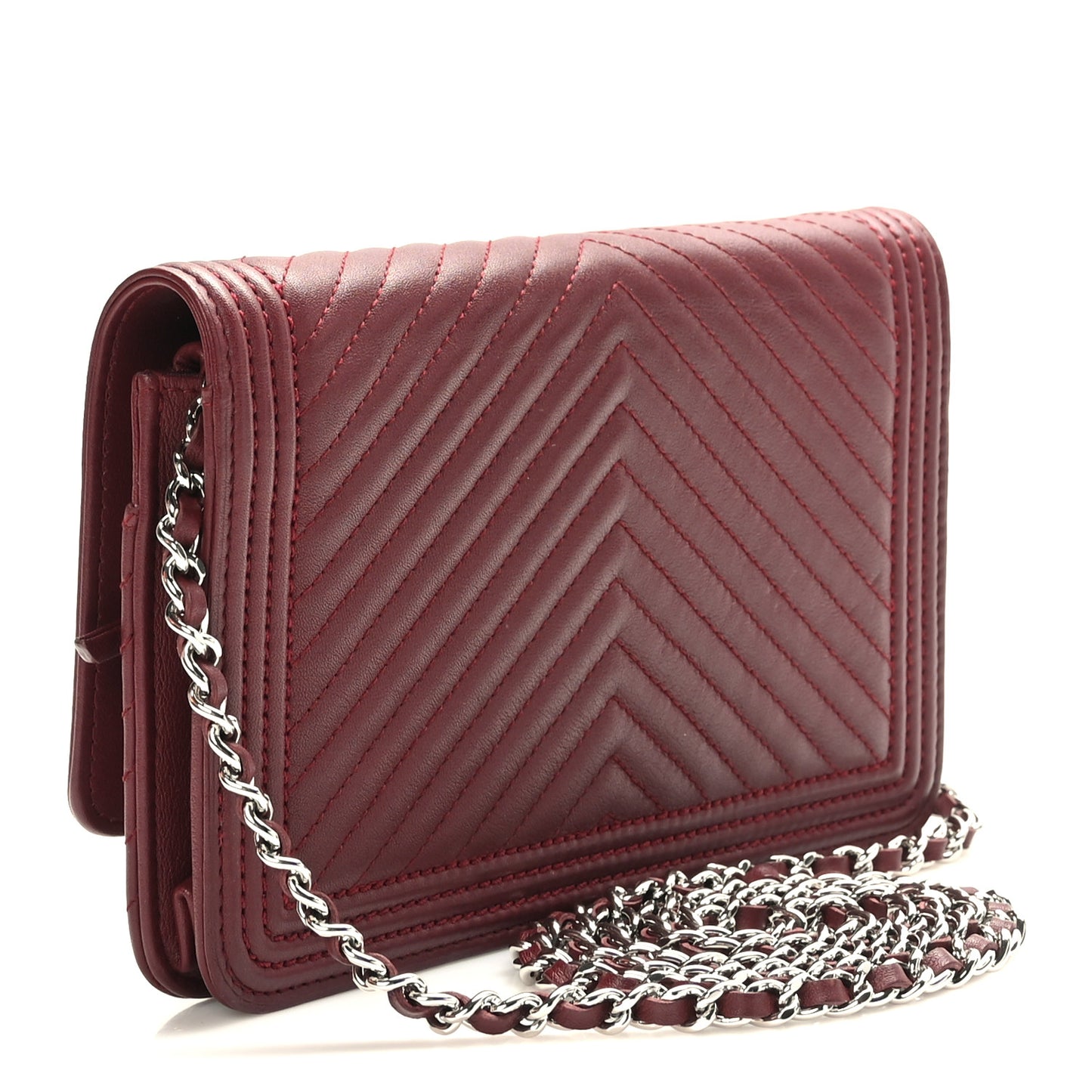 Calfskin Chevron Quilted Boy Wallet On Chain WOC Burgundy