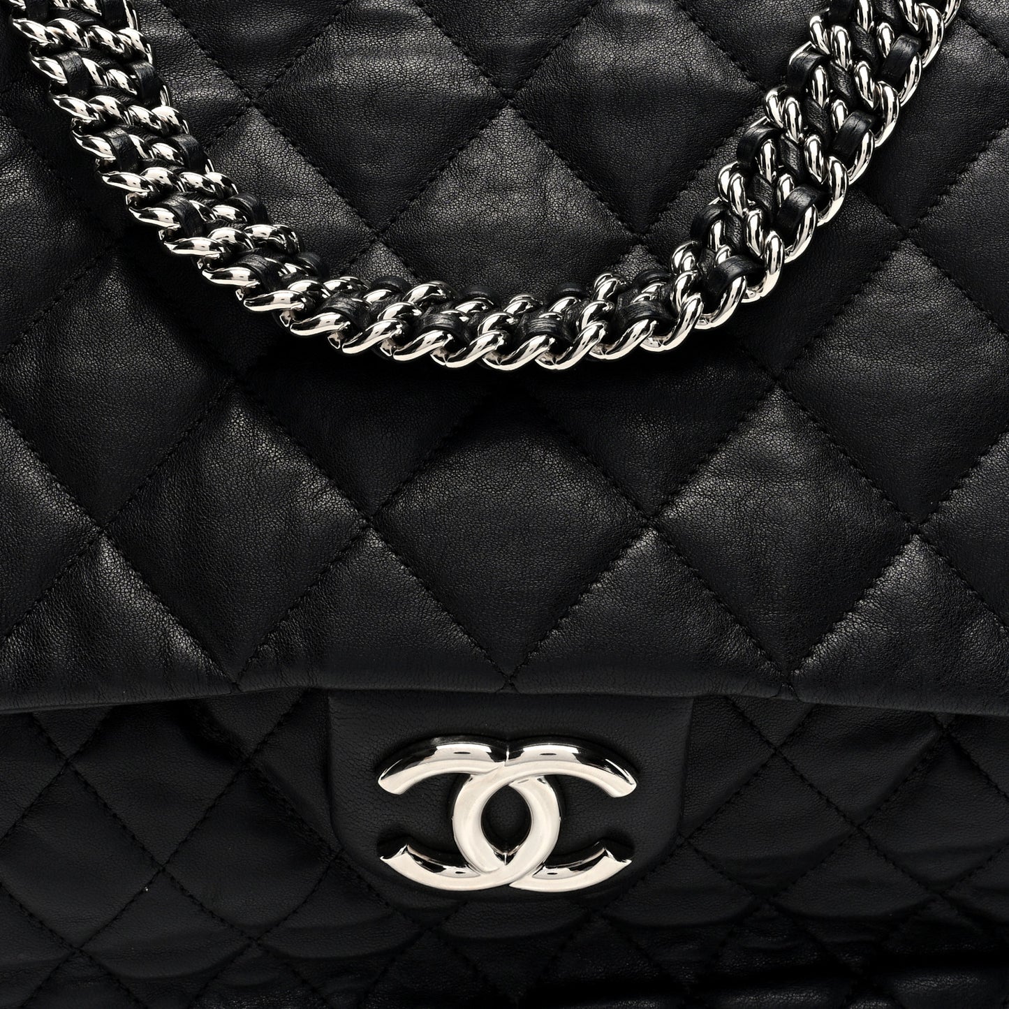 Washed Lambskin Quilted Maxi Chain Around Flap Black