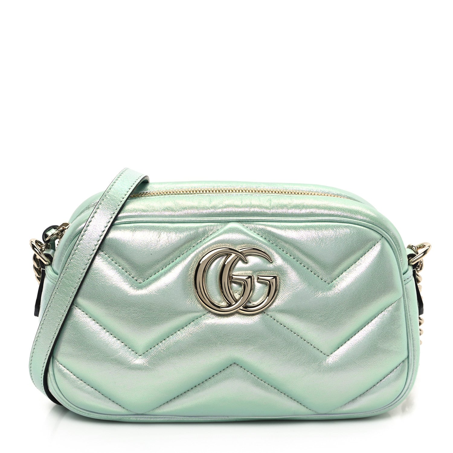 Gucci Iridescent Nappa Chevron Matelasse Small GG Marmont Chain Shoulder Bag Iridescent Salvy Green 1 of 12