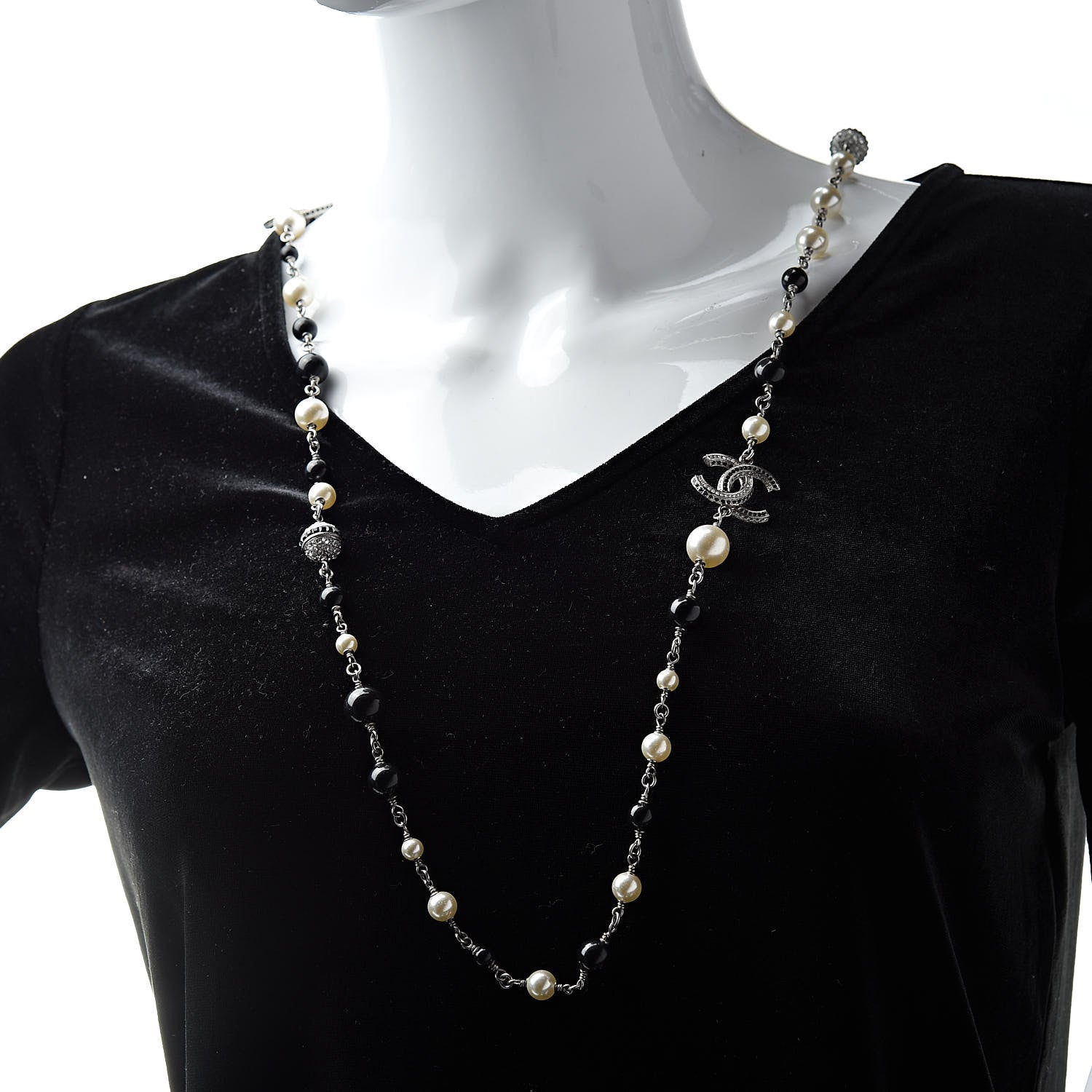 Chanel Pearl Beaded Crystal CC Long Necklace Black Silver 2 of 7
