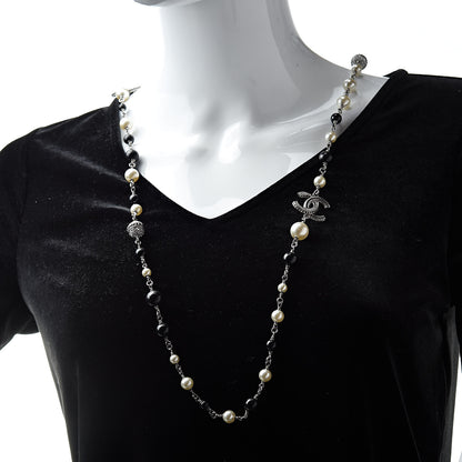 Chanel Pearl Beaded Crystal CC Long Necklace Black Silver 2 of 7