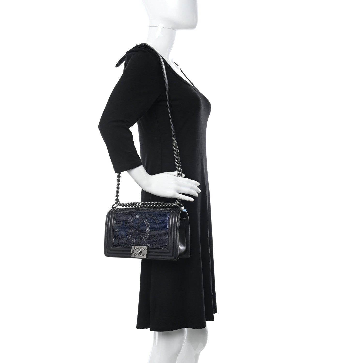 Chanel Iridescent Calfskin Quilted Strass Medium Paris Dallas Boy Flap Navy 2 of 11