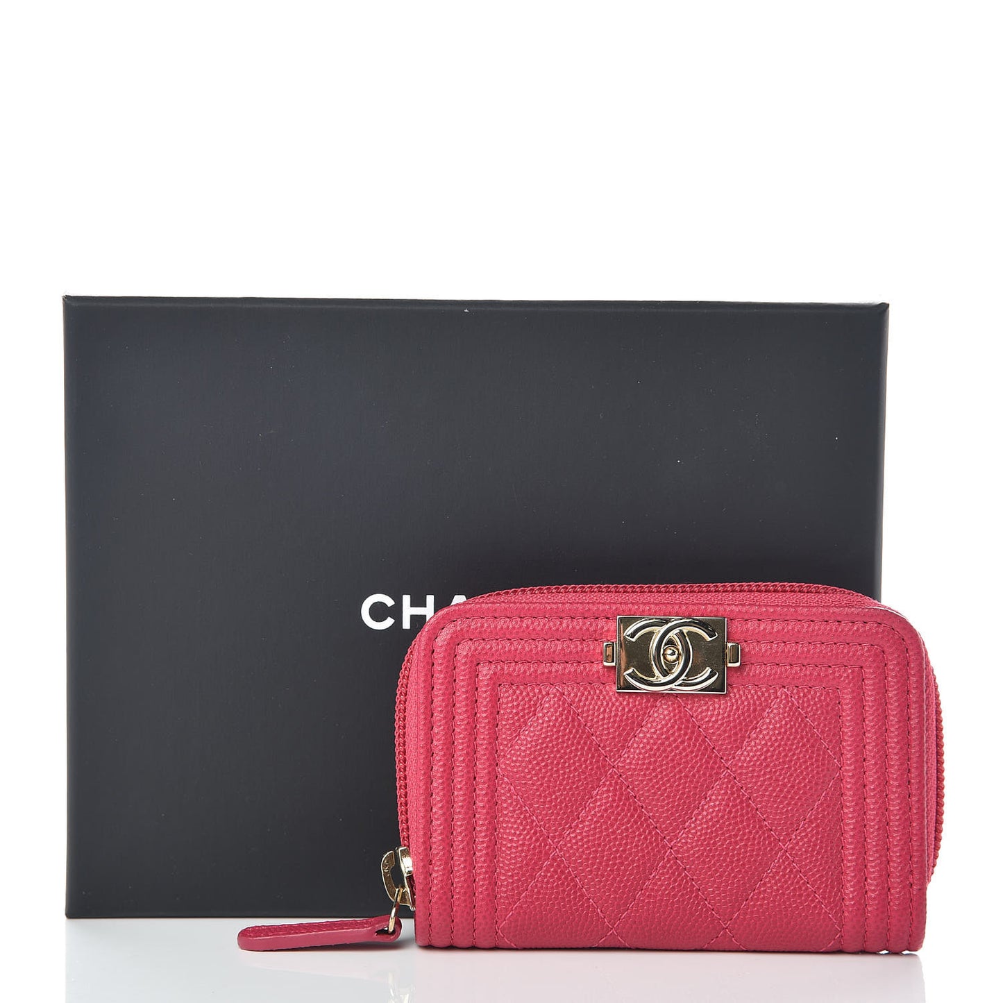 Caviar Quilted Boy Zip Around Coin Purse Wallet Fuchsia
