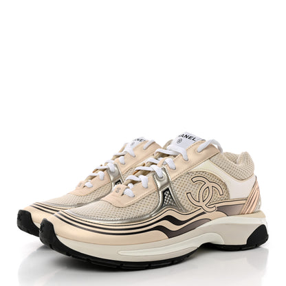 Chanel Fabric Laminated Calfskin Stretch CC Womens Sneakers 39.5 White Gold Silver 3 of 15
