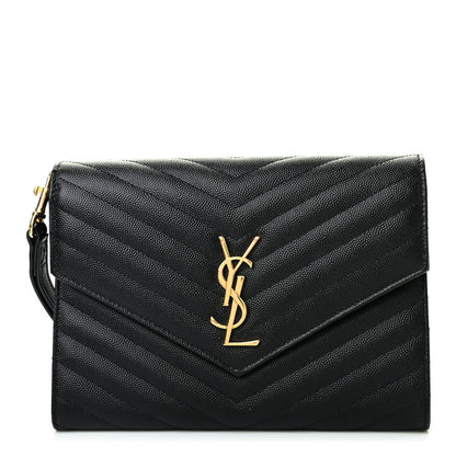 Saint Laurent Grain De Poudre Matelasse Chevron Monogram Envelope Clutch Black 1 of 7