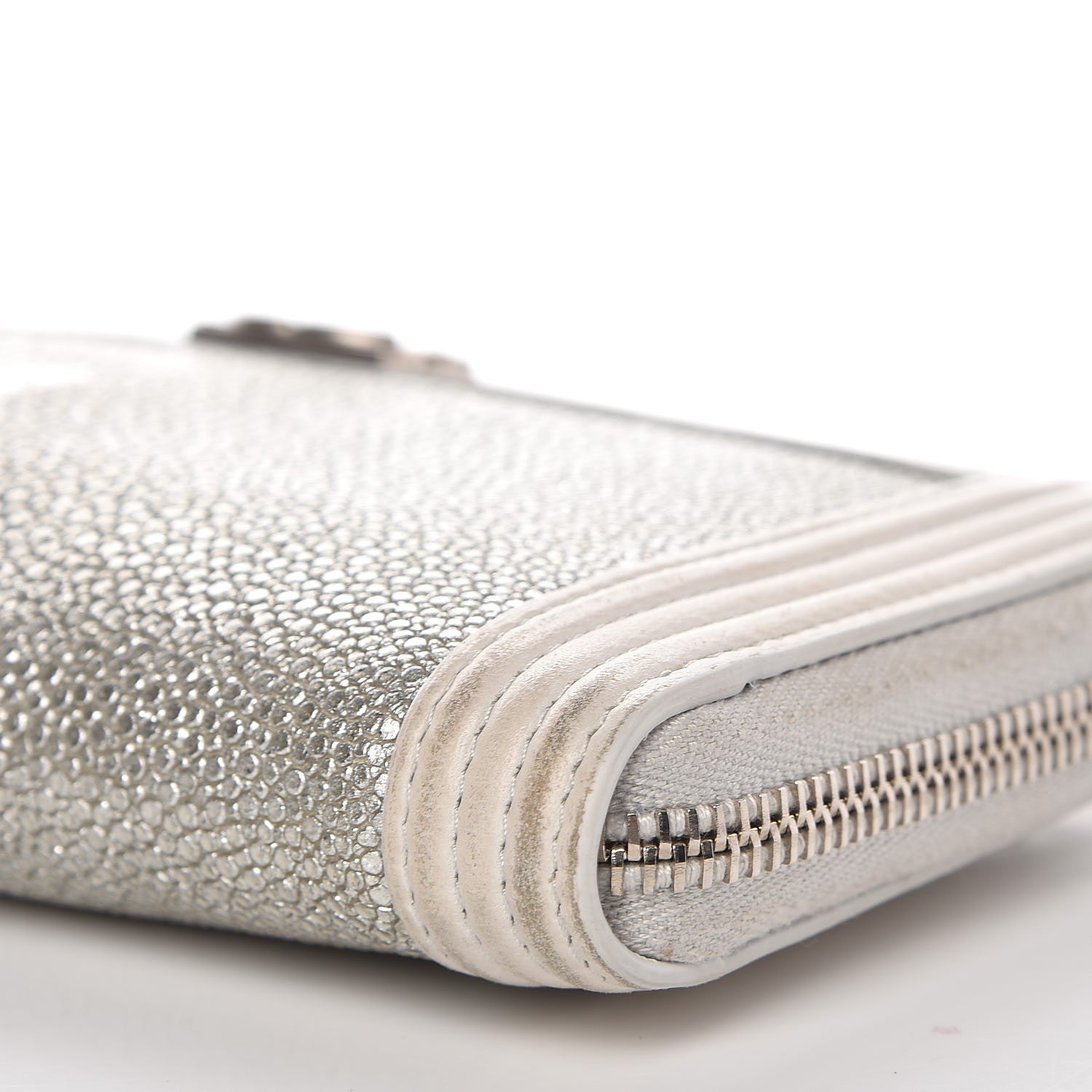 Chanel Metallic Galuchat Stingray Lambskin Boy Zip Around Wallet Silver 11 of 16