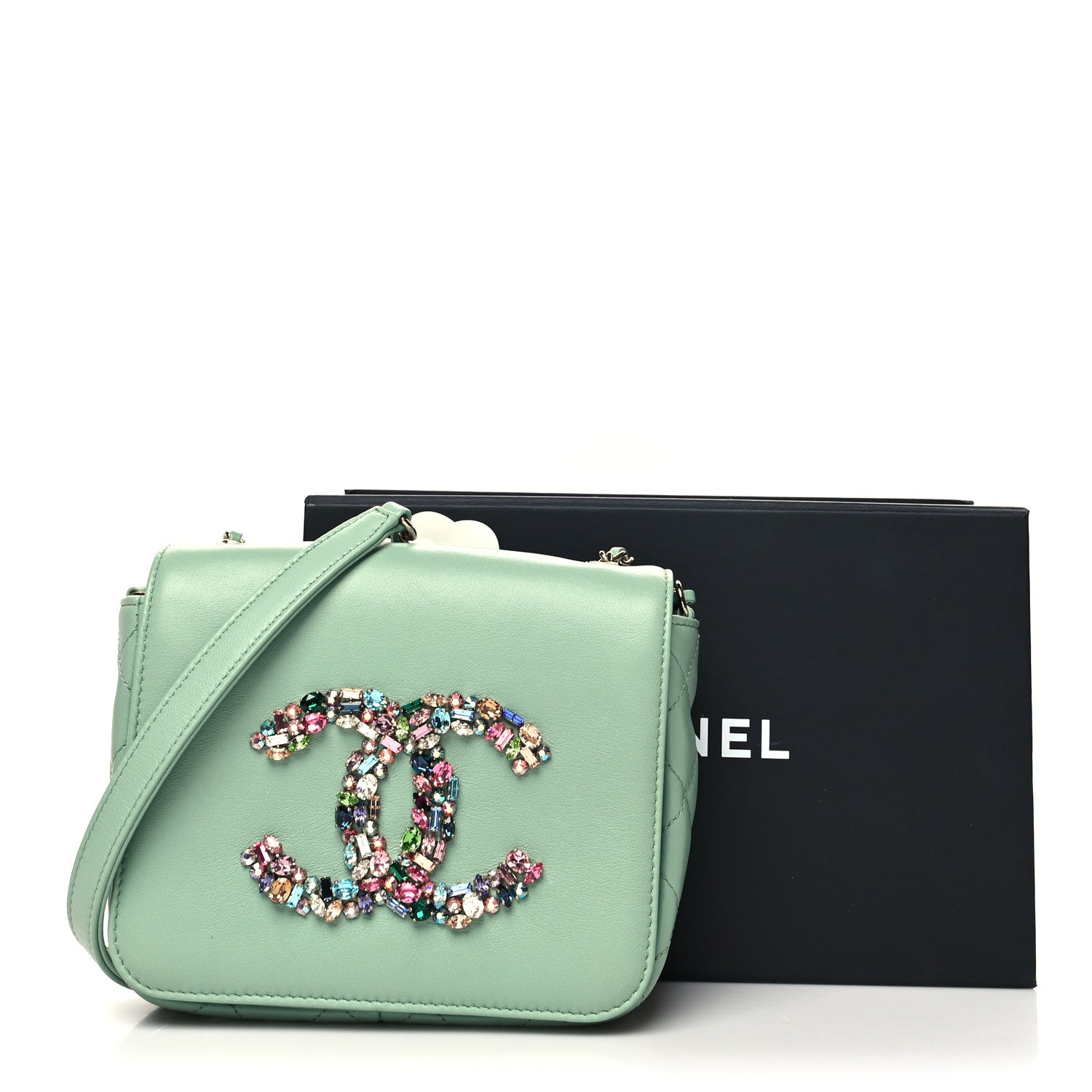 Chanel Lambskin Calfskin Quilted Strass Mania Mini Square Flap Light Green 11 of 11