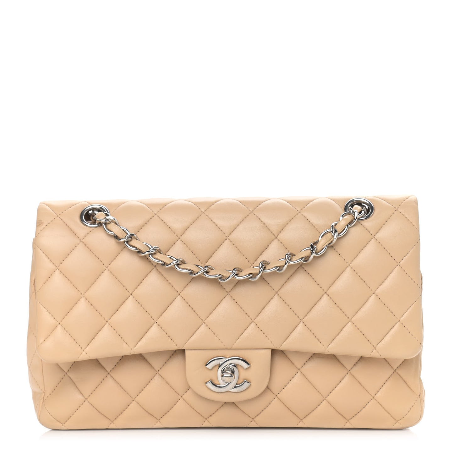 Lambskin Quilted Medium Double Flap Beige