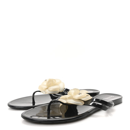 Chanel Jelly Camellia Thong Sandals 41 Black Ivory 4 of 8
