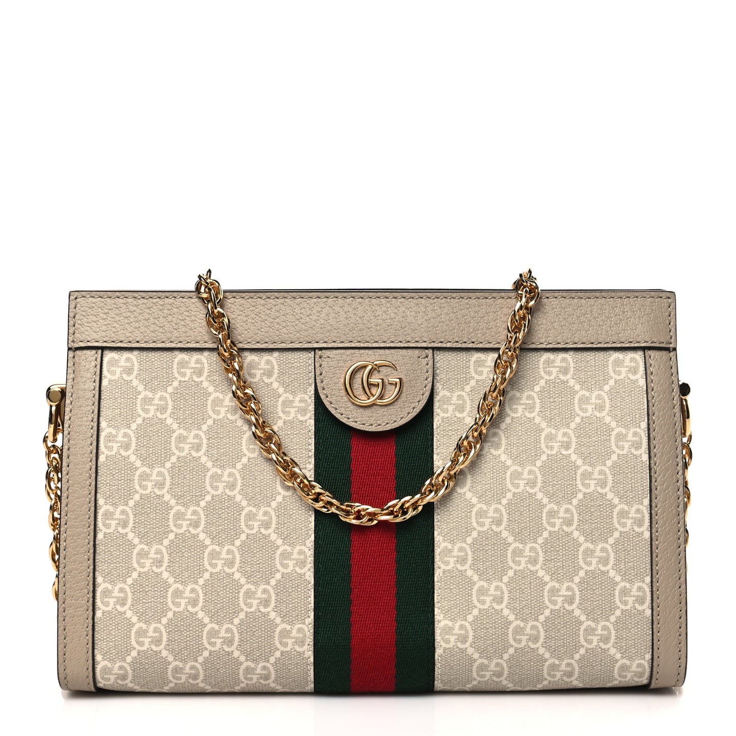 GG Supreme Monogram Textured Dollar Calfskin Web Small Ophidia Chain Shoulder Bag Beige Mystic White Oatmeal