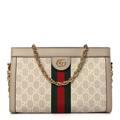 Gucci GG Supreme Monogram Textured Dollar Calfskin Web Small Ophidia Chain Shoulder Bag Beige Mystic White Oatmeal 1 of 9