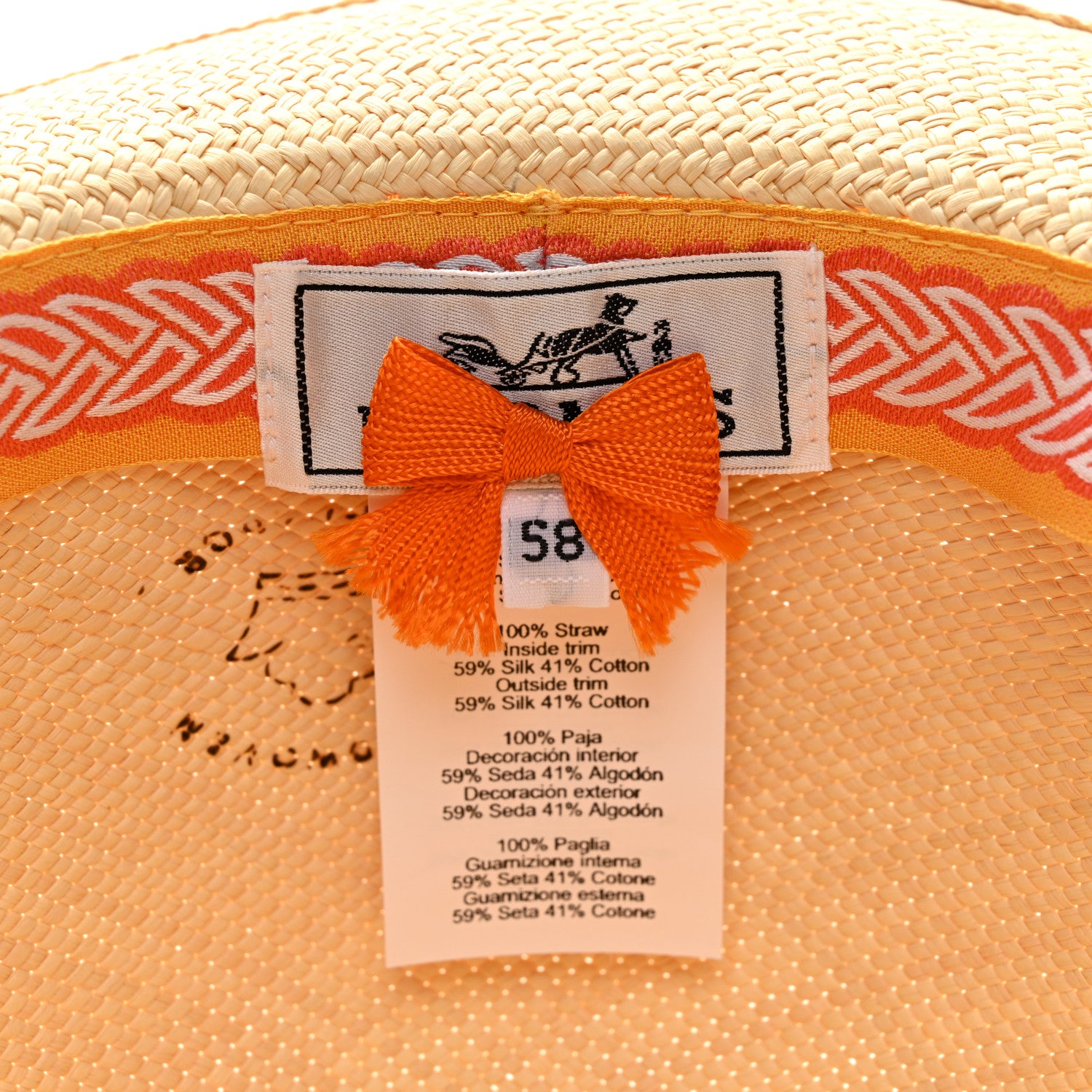 Hermes Straw Panama Brisa Fantaisie D'Etriers Greta Hat 58 Naturel Orange 7 of 8