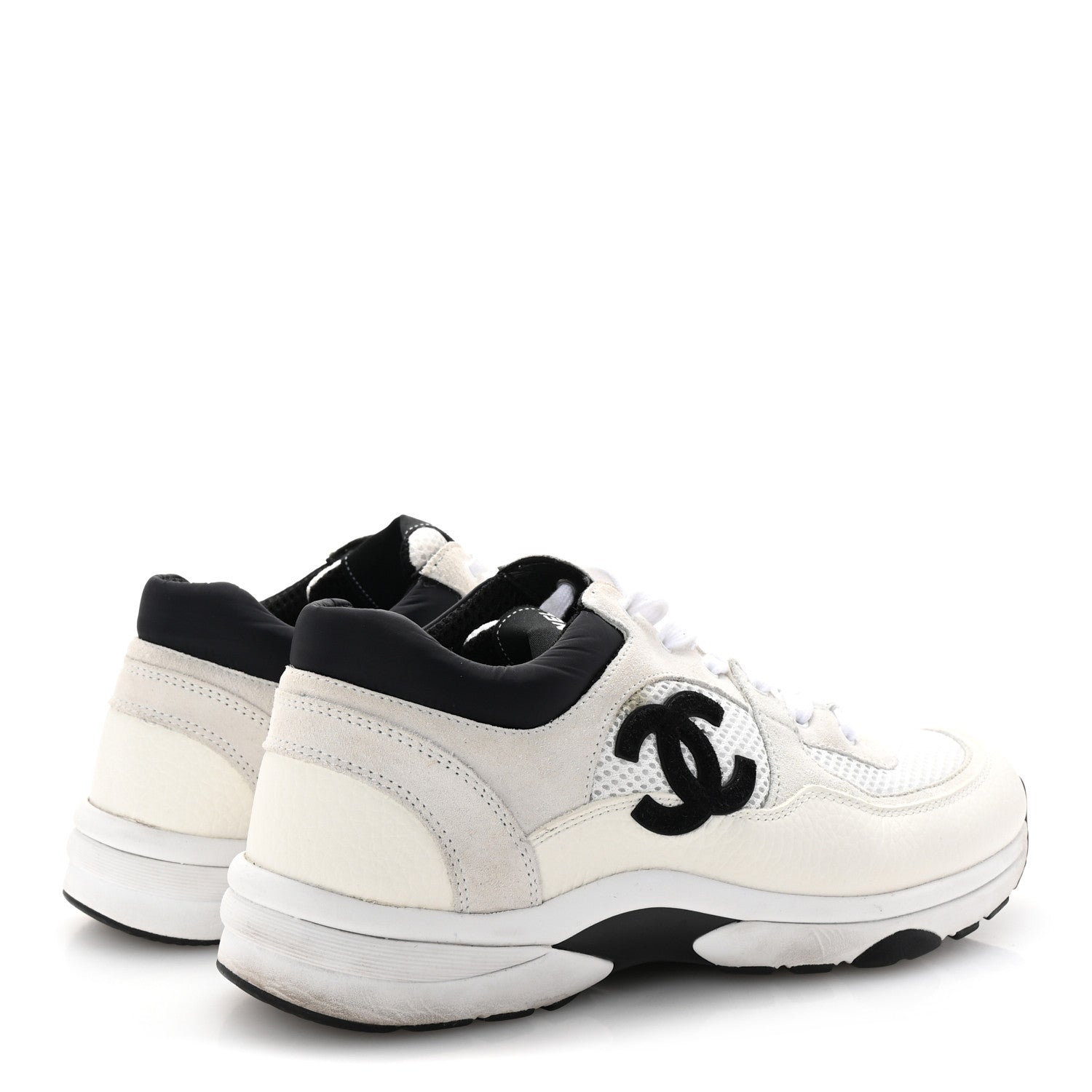 Chanel Mesh Suede Calfskin Grained Calfskin Womens CC Sneakers 40 White Black 5 of 9