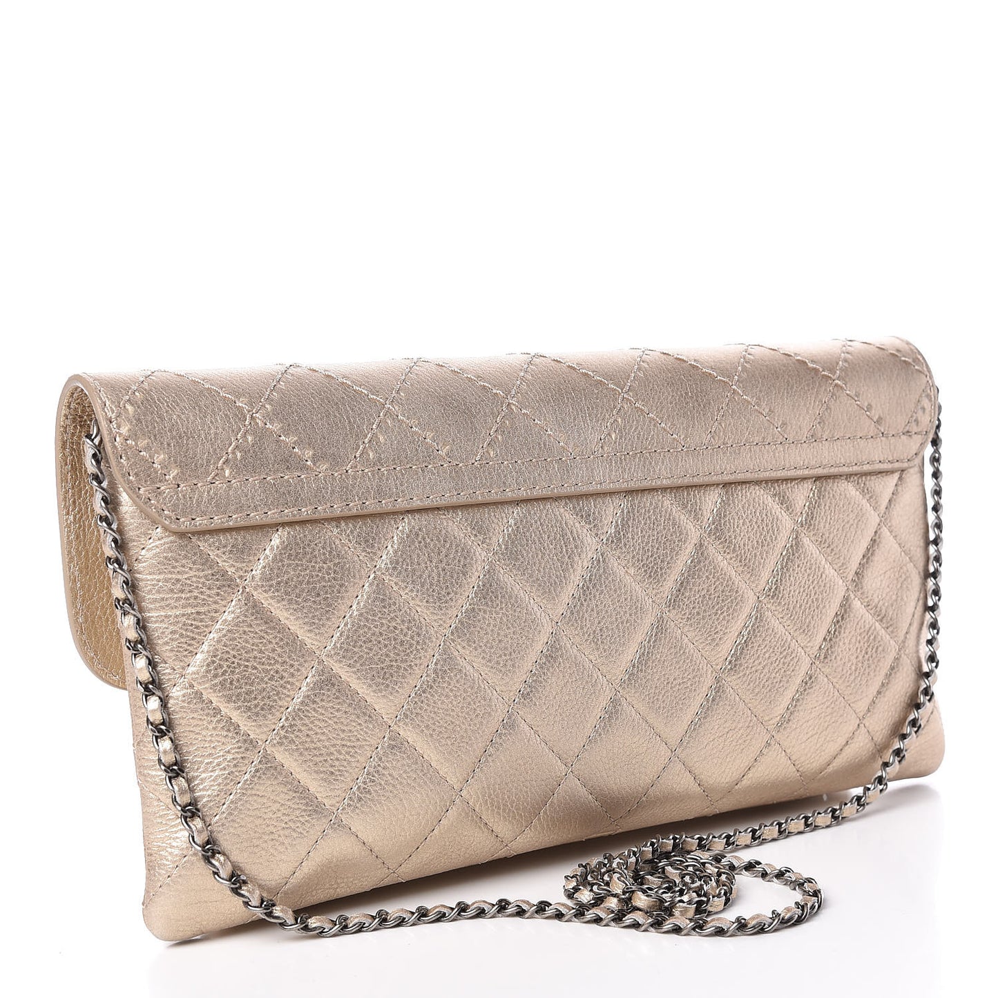 Metallic Calfskin Quilted Flap Clutch With Chain Light Gold