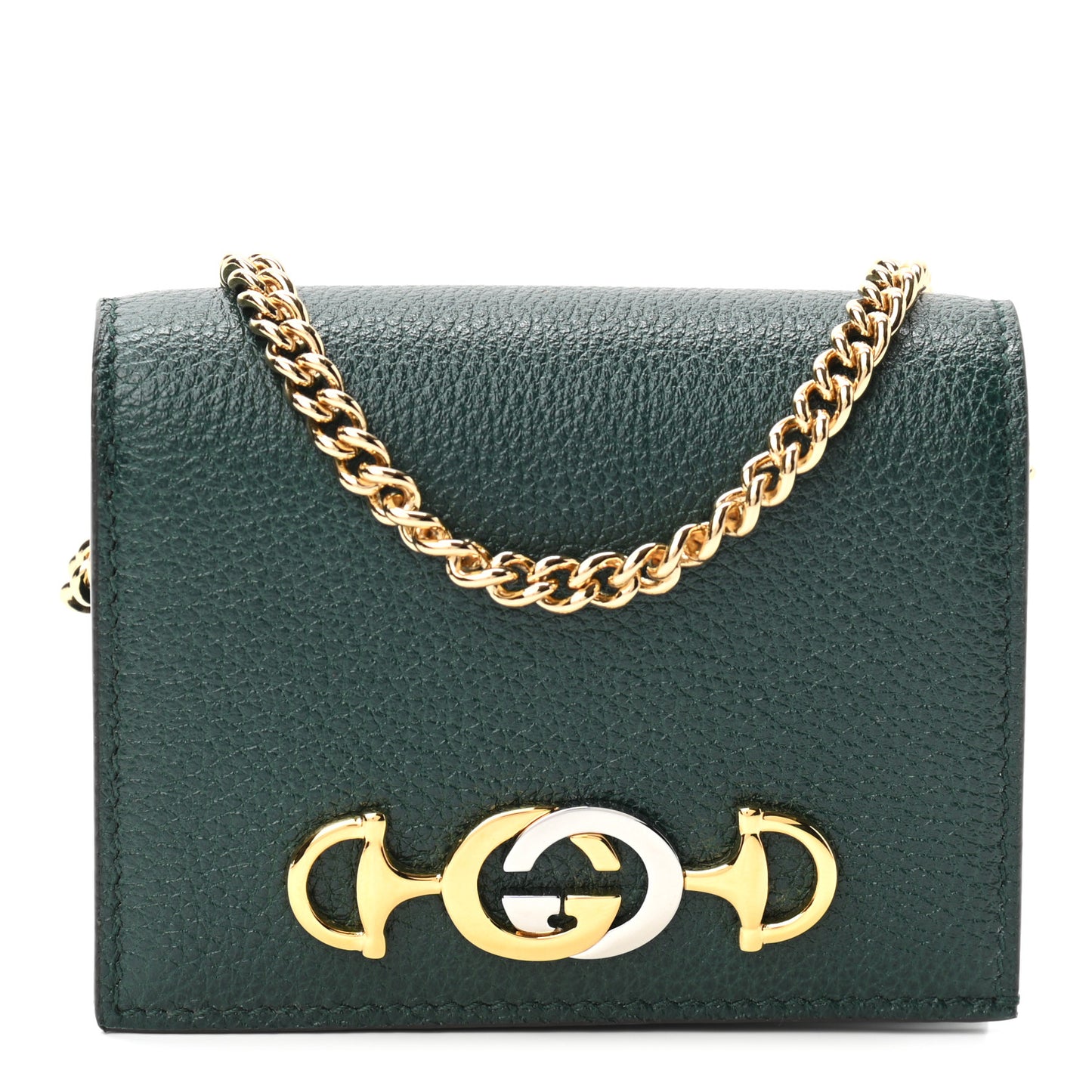Grainy Calfskin Zumi Chain Card Case Wallet Vintage Green