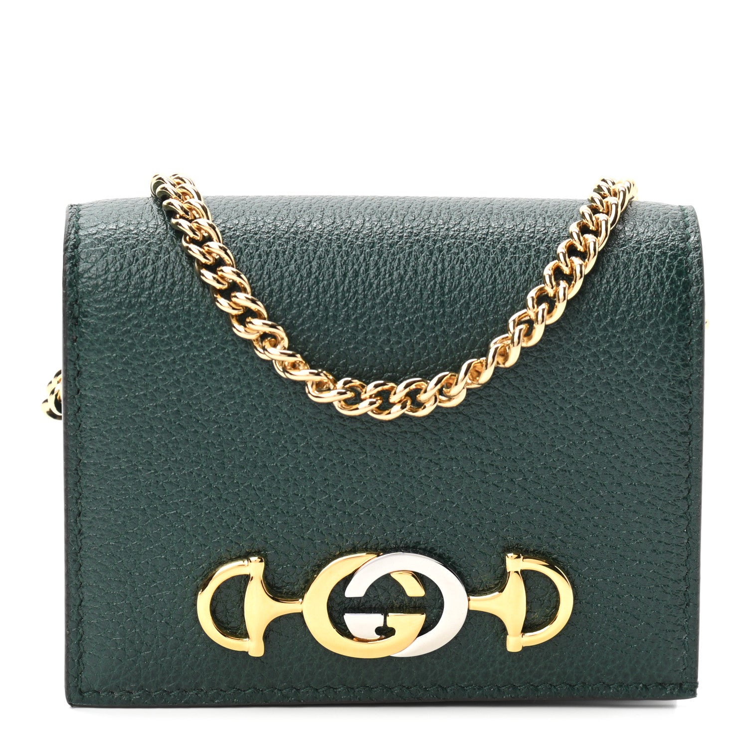 Gucci Grainy Calfskin Zumi Chain Card Case Wallet Vintage Green 1 of 8