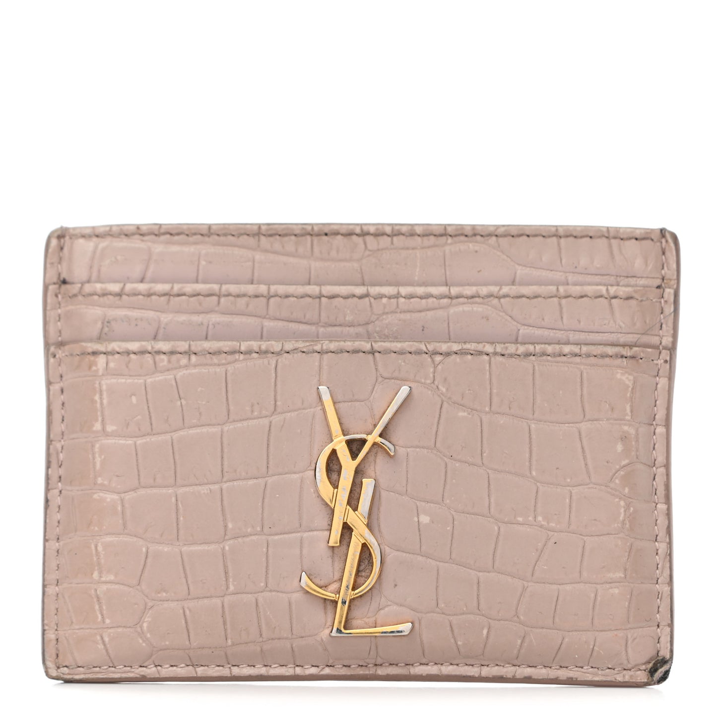 Calfskin Crocodile Embossed Monogram Card Case Rose Antic