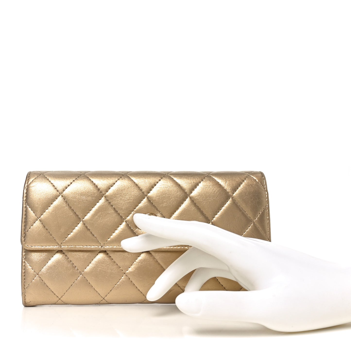 Metallic Lambskin Quilted Large Gusset Flap Wallet Gold