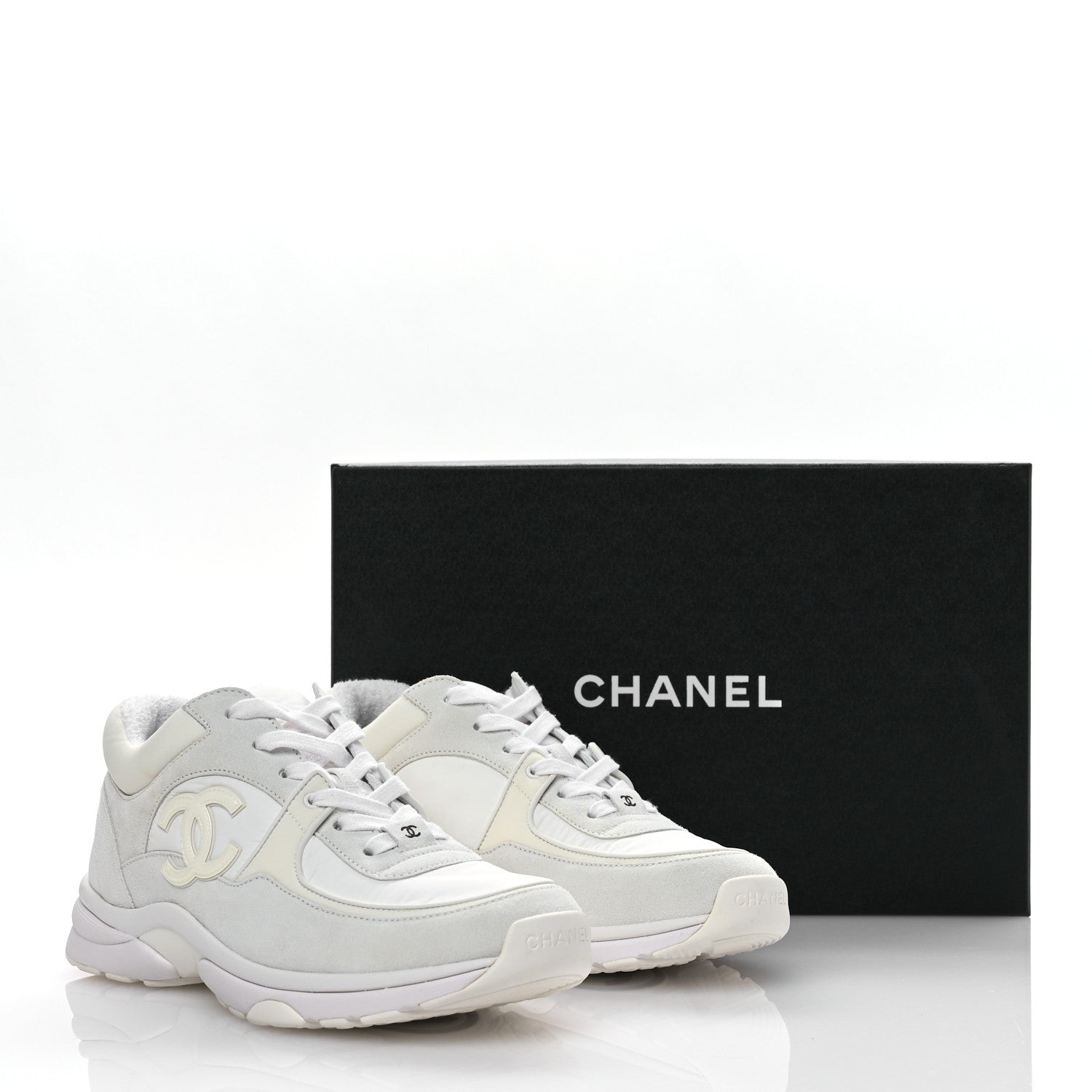 Chanel Suede Calfskin Fabric CC Sneakers 38.5 White 8 of 8