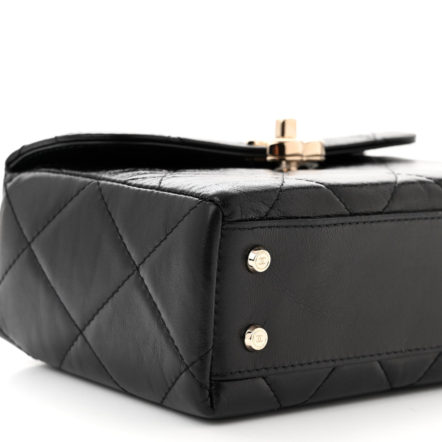 Shiny Calfskin Quilted Small CC Top Handle Box Bag Black