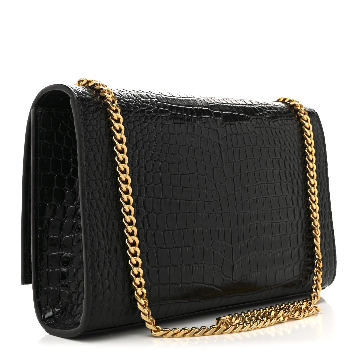 Calfskin Crocodile Embossed Medium Classic Monogram Kate Tassel Satchel Black