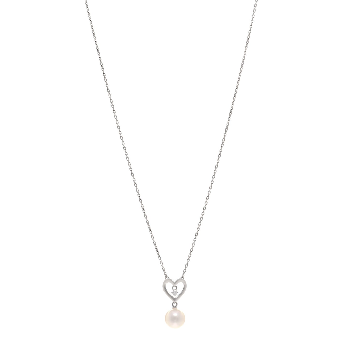 18K White Gold Diamond Akoya Pearl 7mm Heart Drop Pendant Necklace