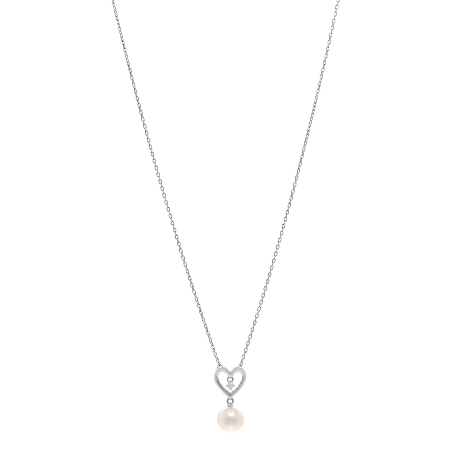 Mikimoto 18K White Gold Diamond Akoya Pearl 7mm Heart Drop Pendant Necklace 1 of 5