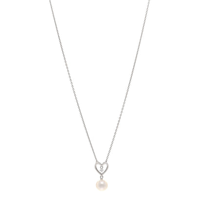 Mikimoto 18K White Gold Diamond Akoya Pearl 7mm Heart Drop Pendant Necklace 1 of 5