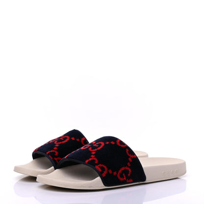 Gucci Velvet GG Monogram Slide Sandals 38 Blue Red 3 of 12