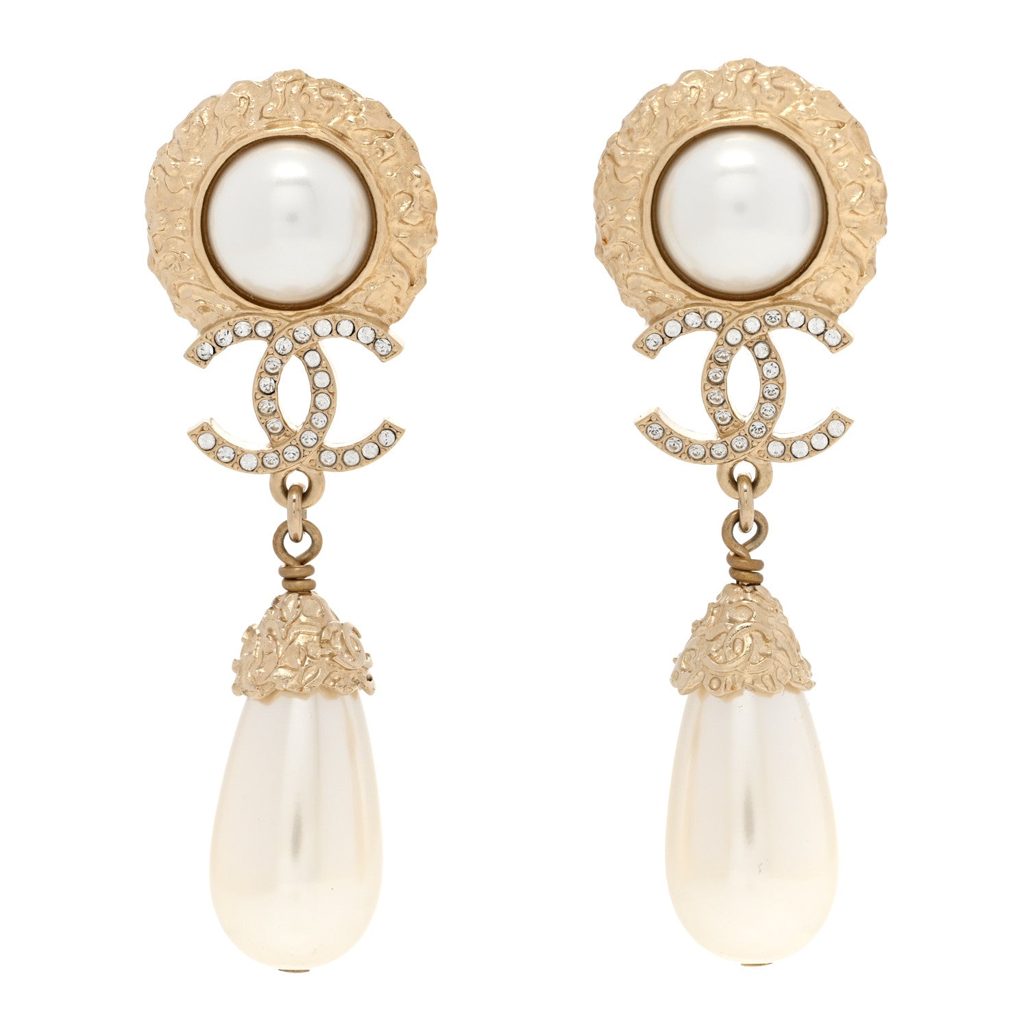 Chanel Metal Crystal Pearl CC Drop Earrings Gold 1 of 5