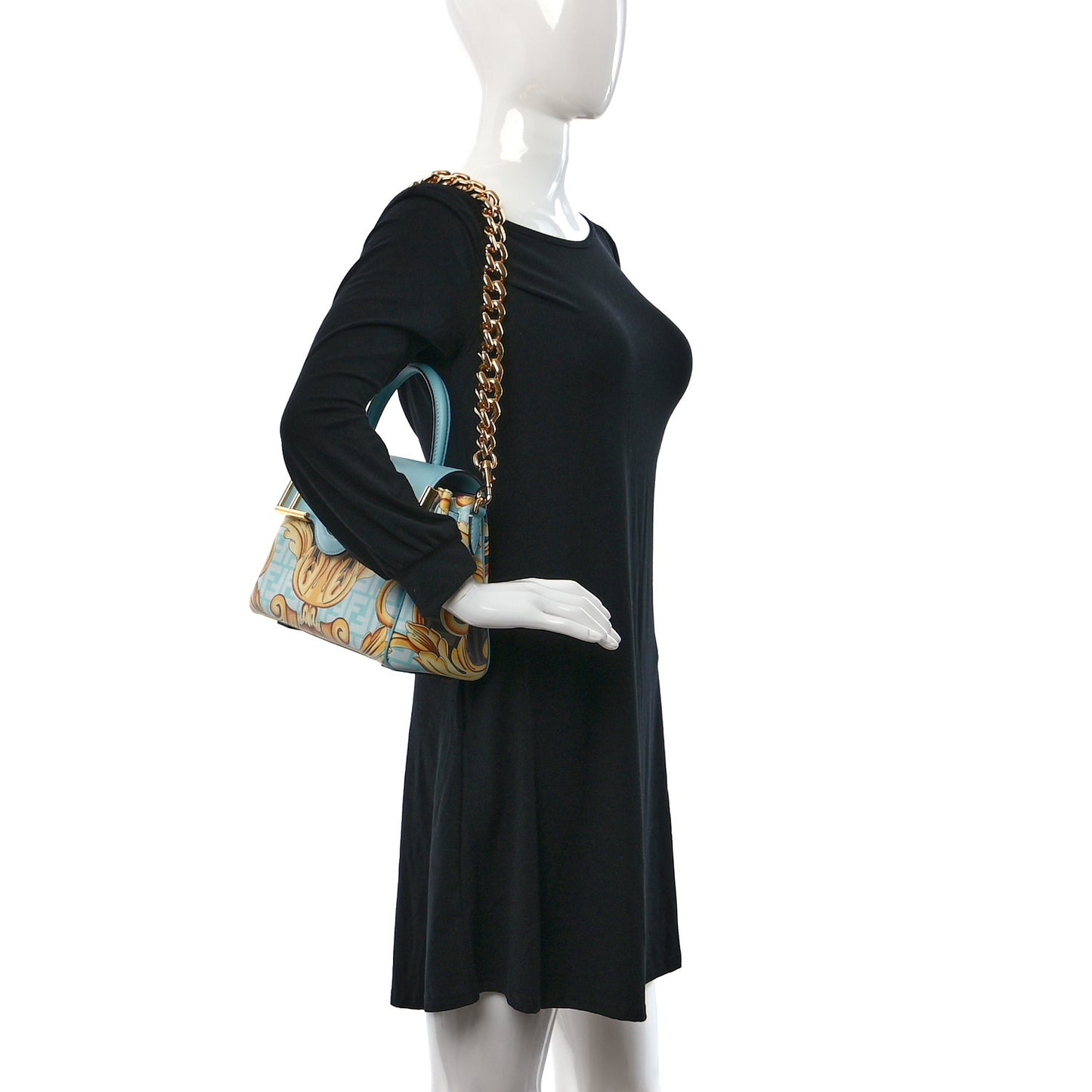 X FENDI Grained Calfskin Fendace La Medusa Medium Top Handle Bag Baby Blue Multicolor