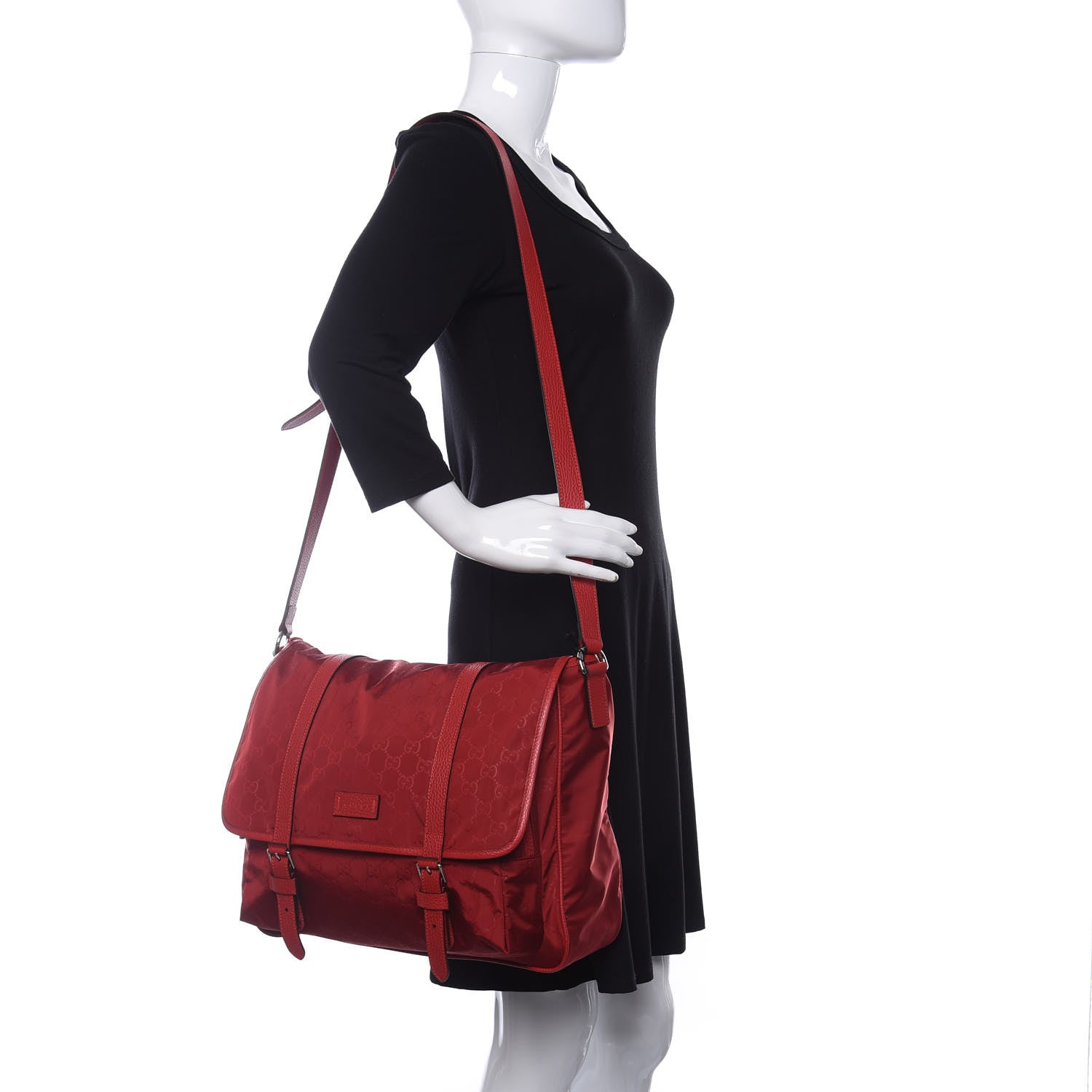 Gucci Nylon Monogram Double Buckle Flap Messenger Bag Vibrant Red 2 of 10