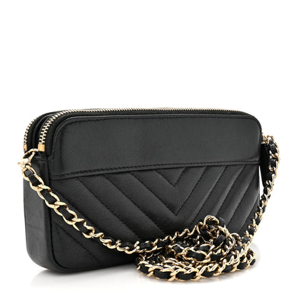 Chanel Metallic Sheepskin Chevron Quilted Small Vintage Mademoiselle Clutch With Chain Black 3 of 16