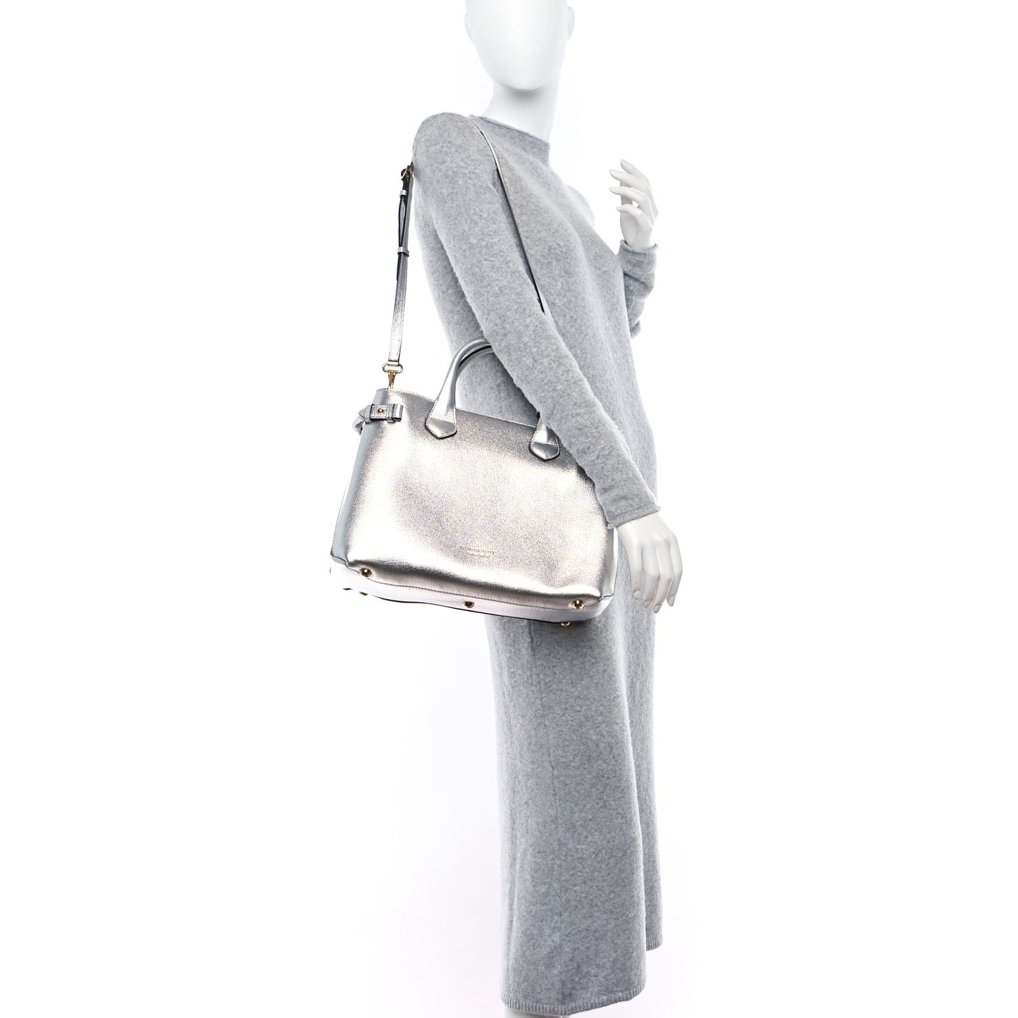 Metallic Grainy Calfskin House Check Medium Banner Tote Silver