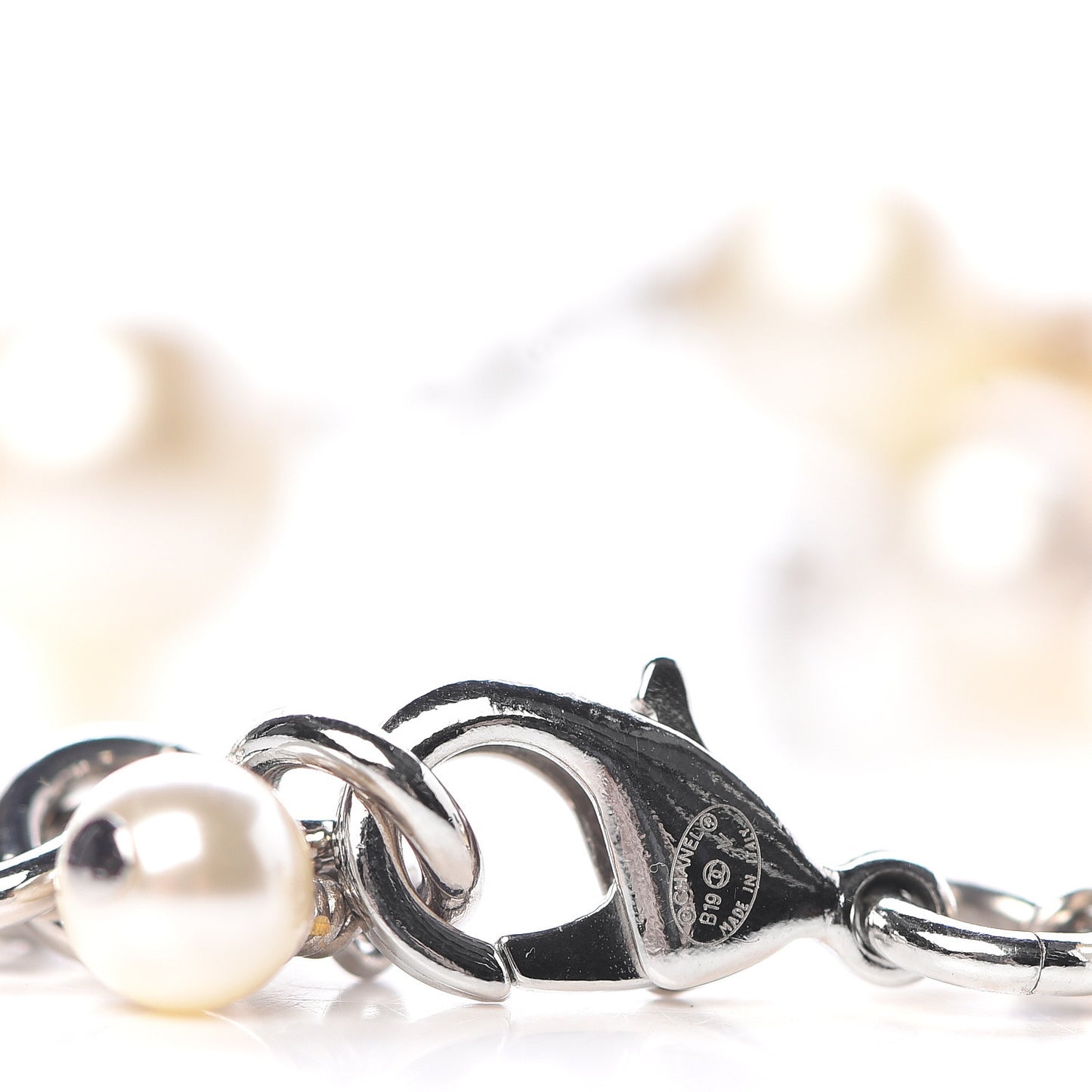 Graduated Pearl Crystal CC Long Necklace Silver Pearly White