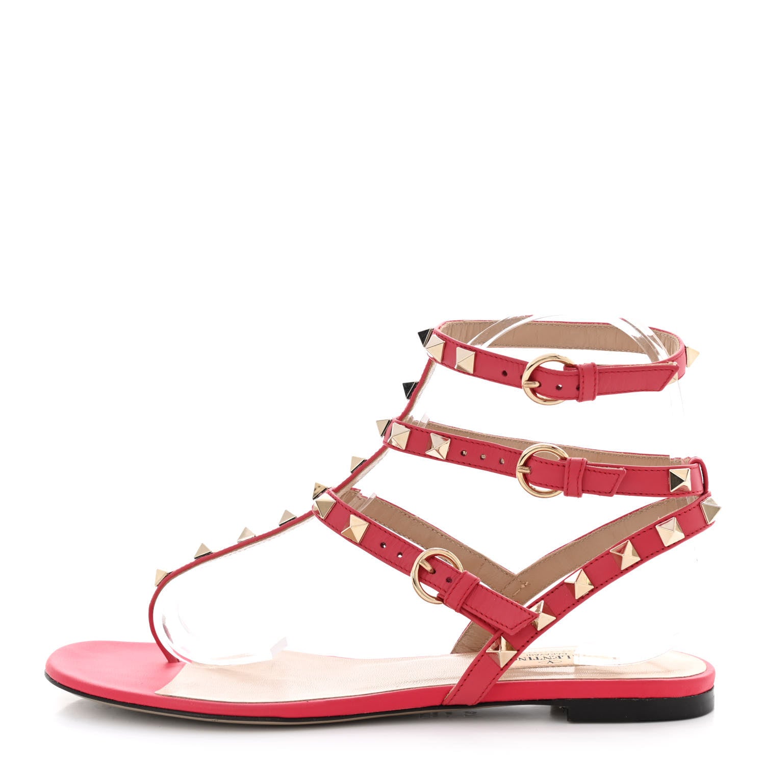 Valentino Garavani Calfskin Nappa Rockstud Ankle Wrap Flat Thong Sandals 37 Fragola 1 of 10