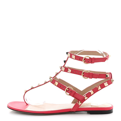 Valentino Garavani Calfskin Nappa Rockstud Ankle Wrap Flat Thong Sandals 37 Fragola 1 of 10