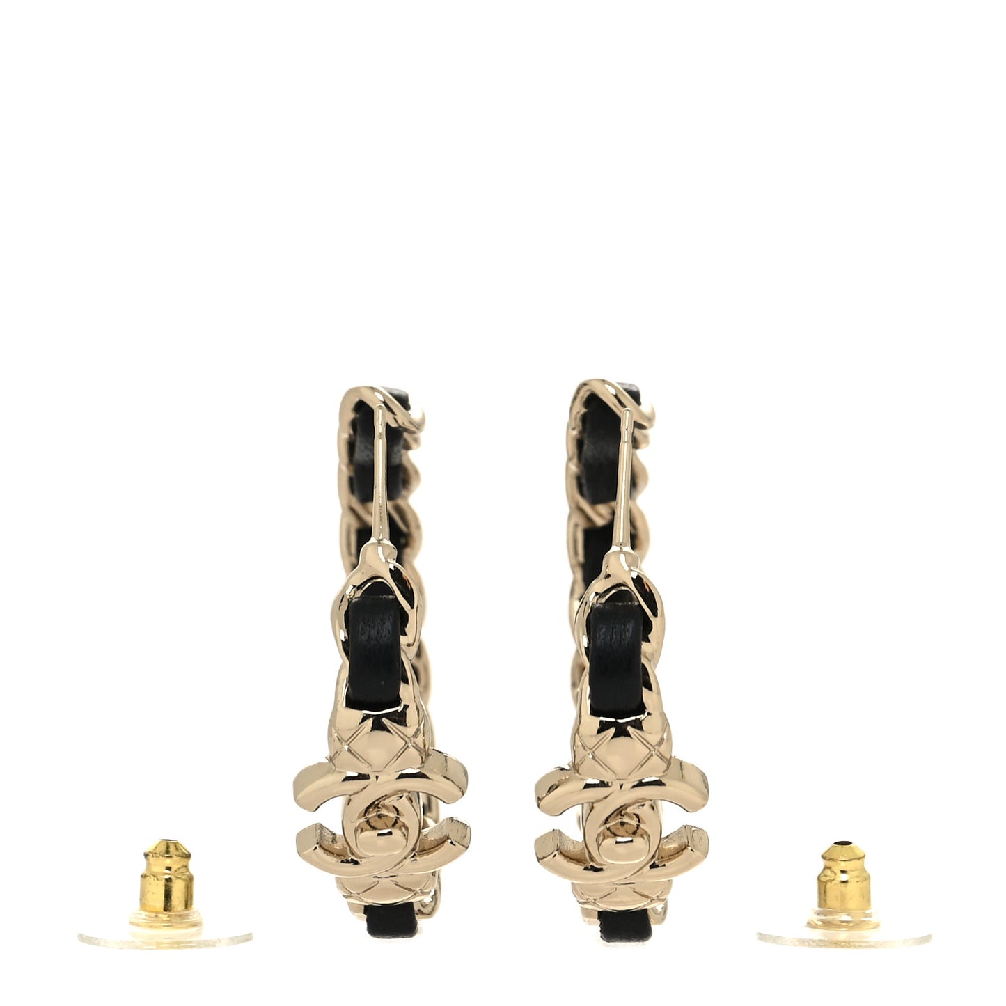 Metal Lambskin Quilted CC Turnlock Chain Hoop Earrings Gold Black