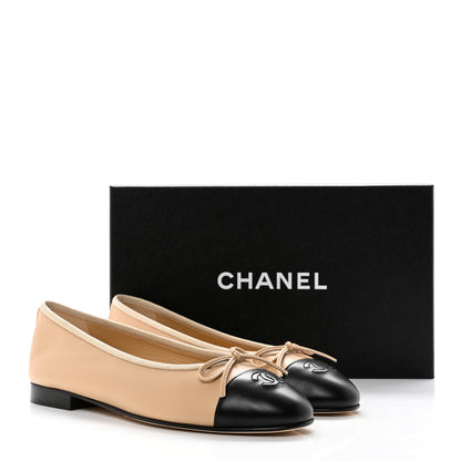 Chanel Lambskin Cap Toe CC Ballerina Flats 39 Beige Black 9 of 9